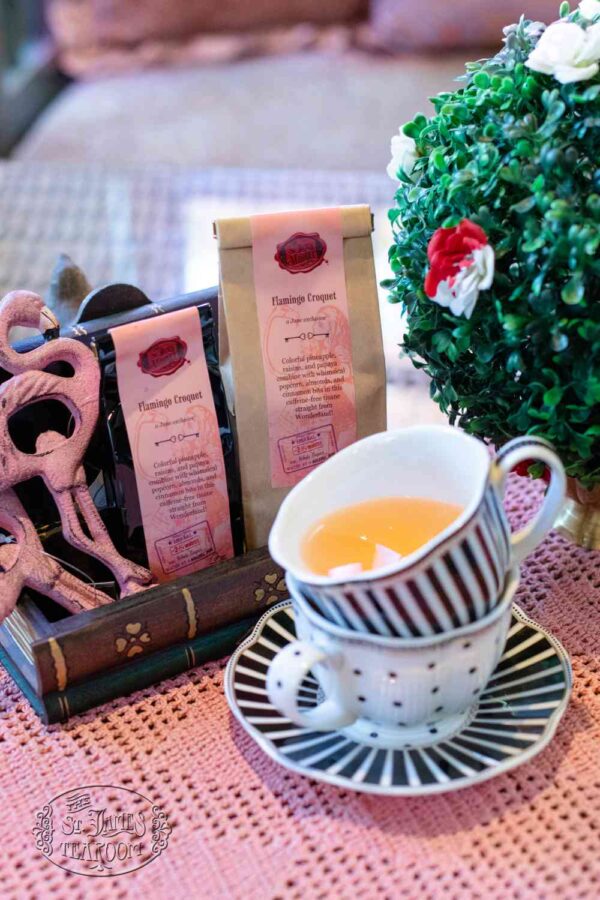 Online Tea Shop Caffeine Free Herbal Tea - Flamingo Croquet in Teacup Popcorn Cinnamon Almond Tisane