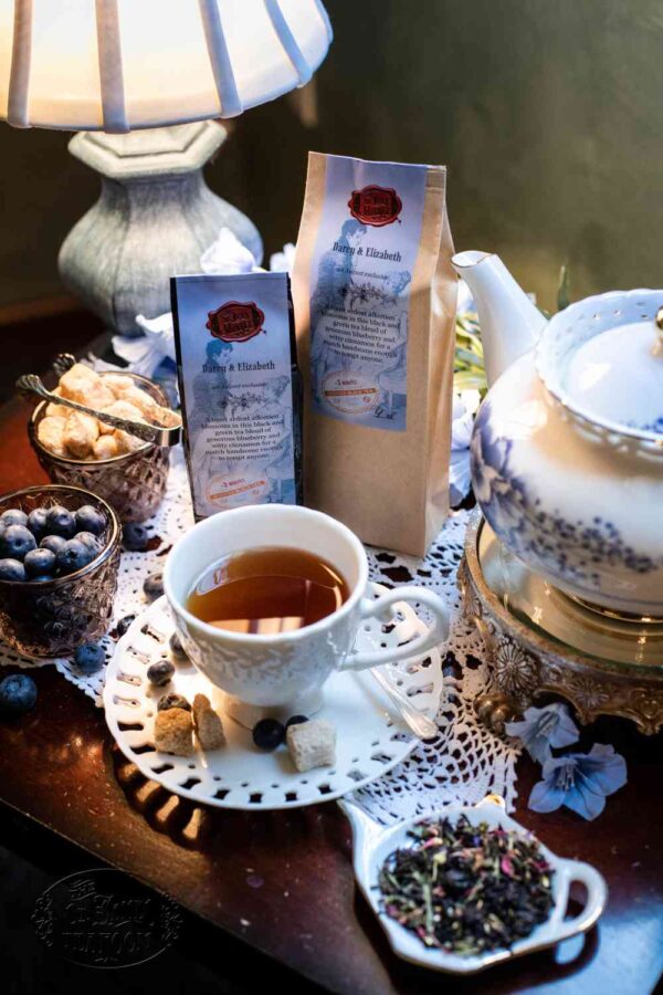 Online Tea Shop Loose Leaf Black Tea - Darcy and Elizabeth in Teacup Fruity Blueberry Cinnamon Iced