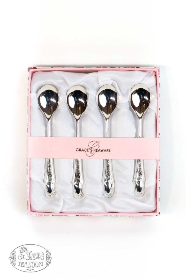 Online Tea Shop Gifts for Tea Lovers Set Of 4 Small Silver-plated Demitasse Tea Spoons with Roses in BOX