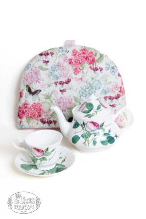 Online Tea Shop Gifts for Tea Lovers Dreamy Hydrangea Tea Cozy with a teapot and a cup