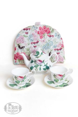 Online Tea Shop Gifts for Tea Lovers DreamyHydrangea Tea Cozy with a teapot and two cups