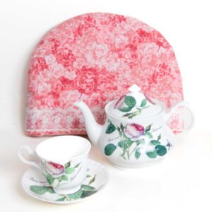 Online Tea Shop Gifts for Tea Lovers Lavish Pink Blossom Tea Cozy with a teapot and a cup