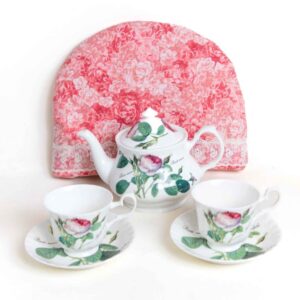 Online Tea Shop Gifts for Tea Lovers Lavish Pink Blossom Tea Cozy with a teapot and two cups