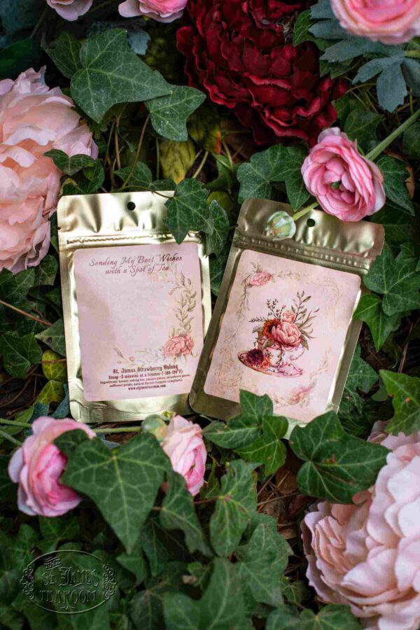 Online Tea Shop Gifts for Tea Lover Summer Birthday Anniversary Blank Card front and Back with flowers St James Strawberry Oolong