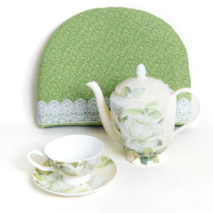 Online Tea Shop Gifts for Tea Lovers Lush Green Tea Cozy with Iceberg teapot and a cup