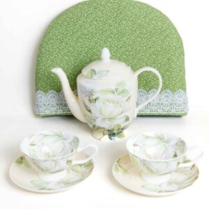 Online Tea Shop Gifts for Tea Lovers Lush Green Tea Cozy with Iceberg teapot and two cups