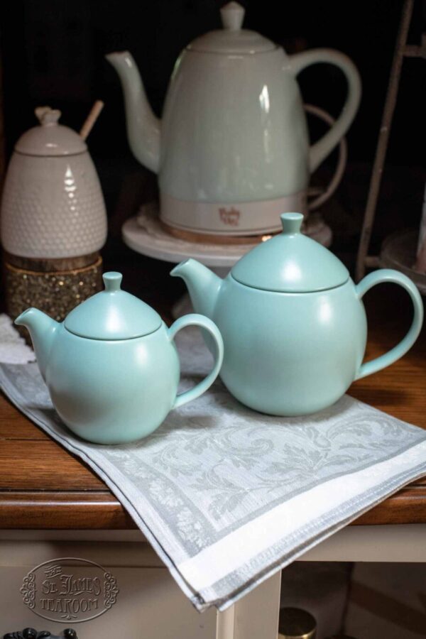 Online tea Shop Gifts for Tea Lovers Dew Teapot with Basket Infuser 14 oz. and 32 oz. Minty Aqua