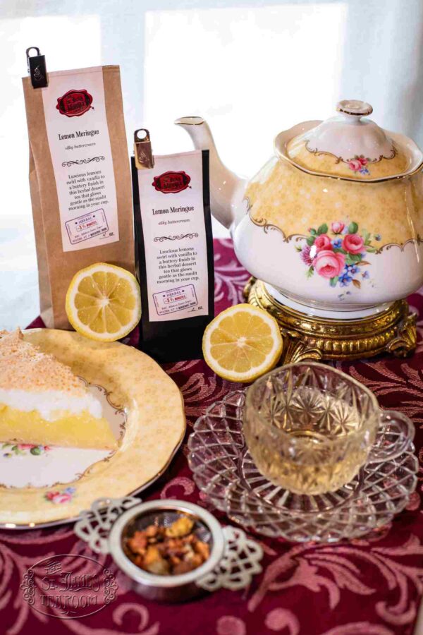 Online Teashop Loose Leaf Tea Lemon Meringue 2oz and 4oz bags with a tea pot