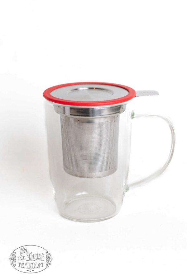 St james online tea shop gifts for tea lovers forlife neweaf glass tall tea mug with infuser lid red