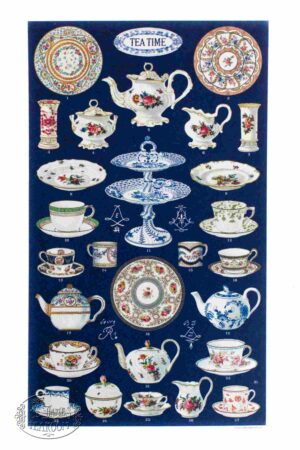 Vintage teapots & china on a charming navy tea towel