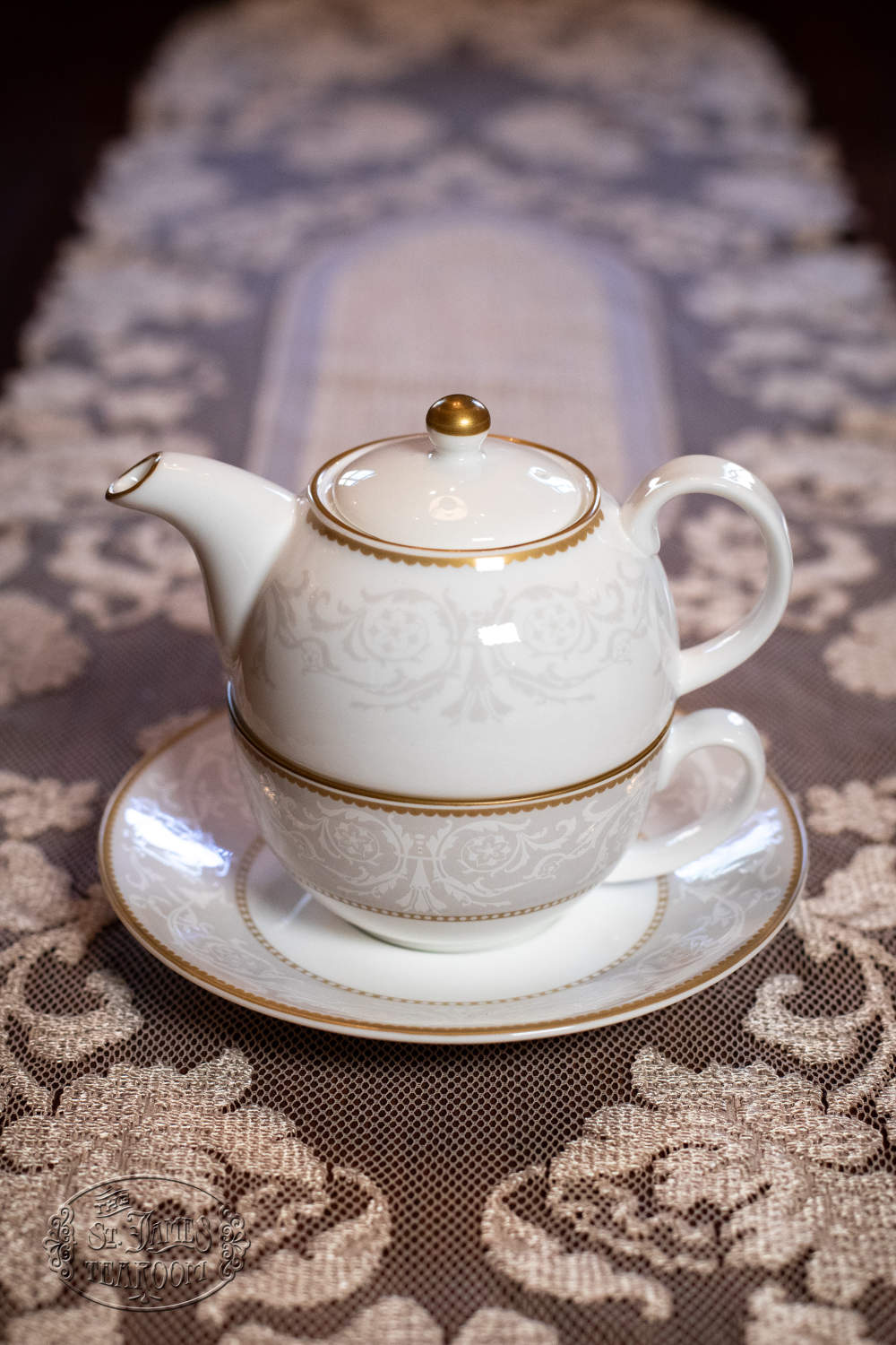 St. James Tearoom Fine Bone China - Victorian Damask - Tea-for-One Cup Saucer Teapot