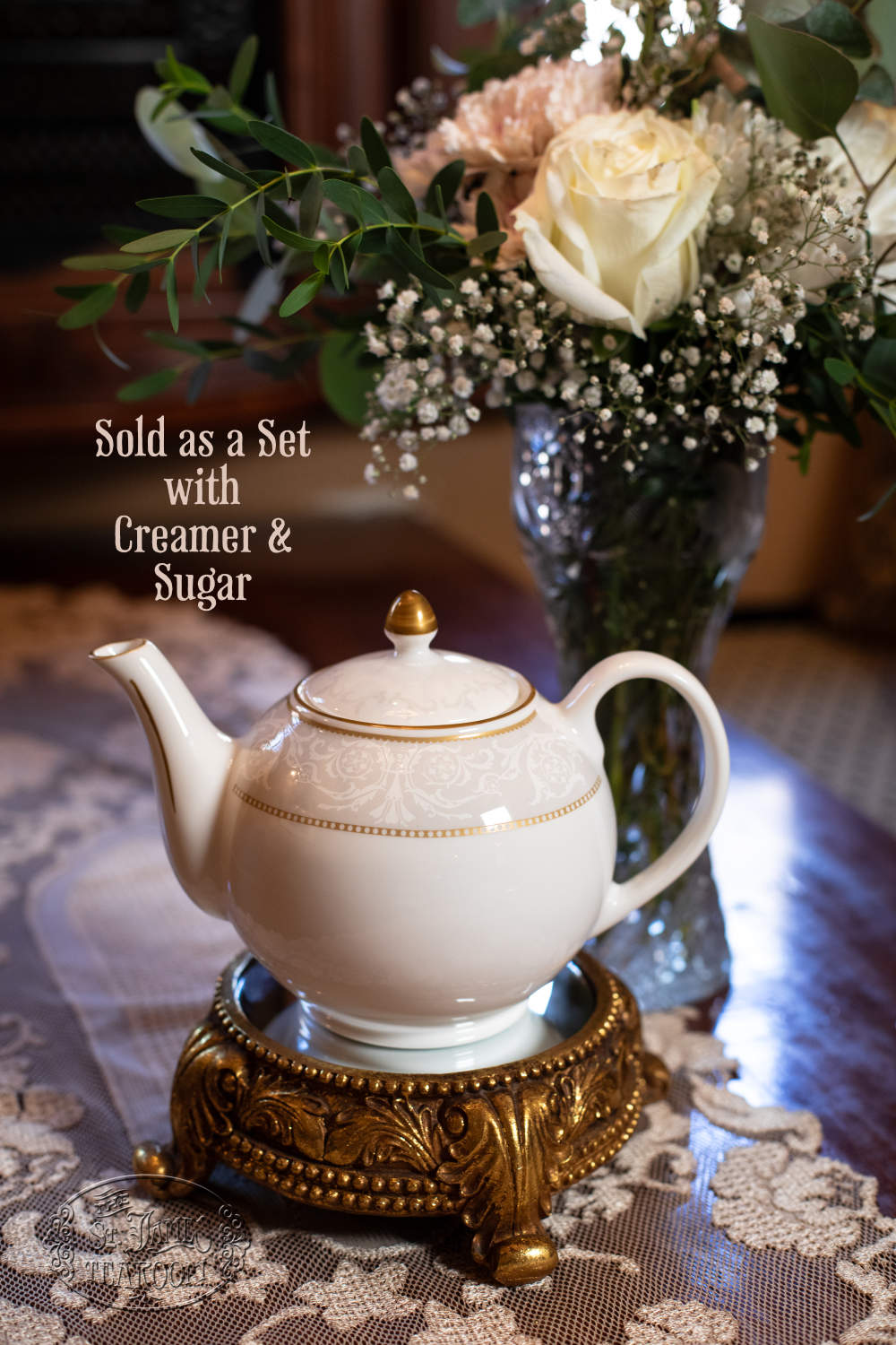 St. James Fine Bone China - Victorian Damask - Teapot Sold as Set with Creamer and Sugar