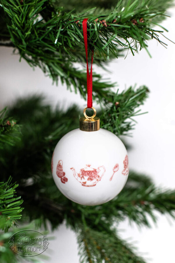 St James Tearoom Online Tea Shop - Afternoon Teatime Porcelain Ornament Red and White Teapot Detail