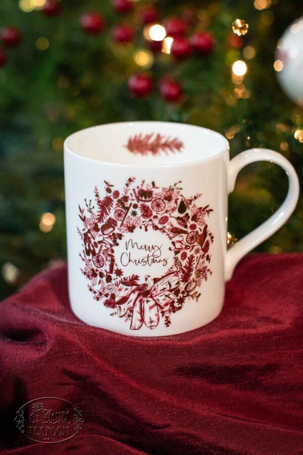 St James Tearoom Online Tea Shop - Merry Christmas Wreath Fine Porcelain Mug by the tree