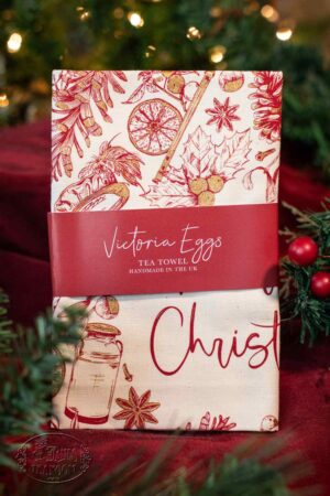St James Tearoom Online Tea Shop - Merry Christmas Wreath Tea Towel Detailed by the Tree