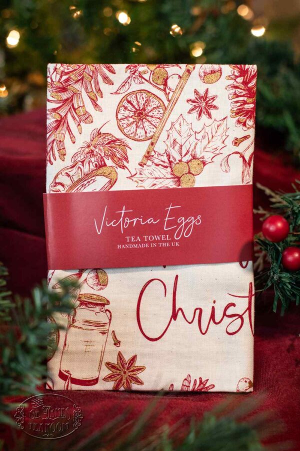 St James Tearoom Online Tea Shop - Merry Christmas Wreath Tea Towel Detailed by the Tree