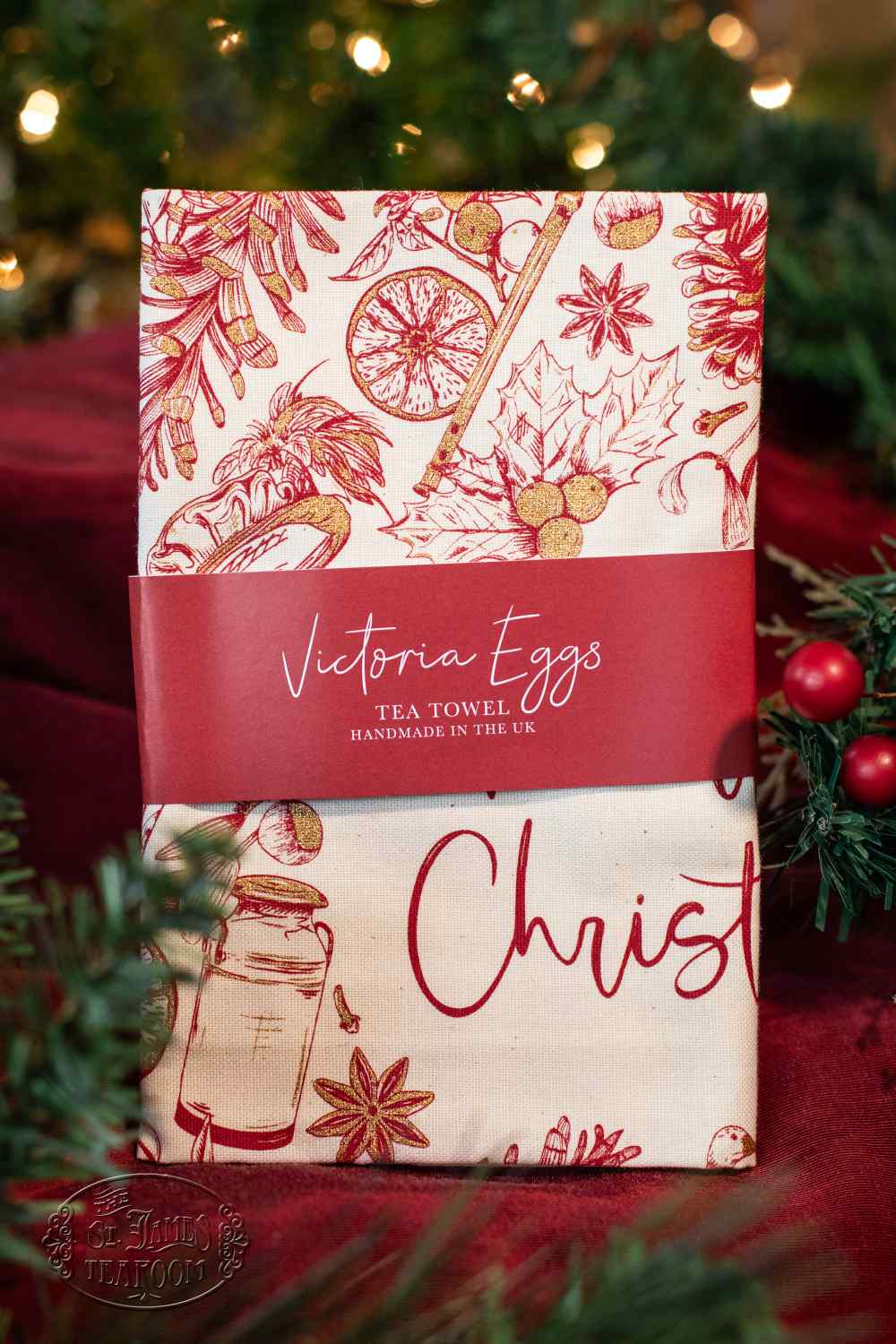 St James Tearoom Online Tea Shop - Merry Christmas Wreath Tea Towel Detailed by the Tree