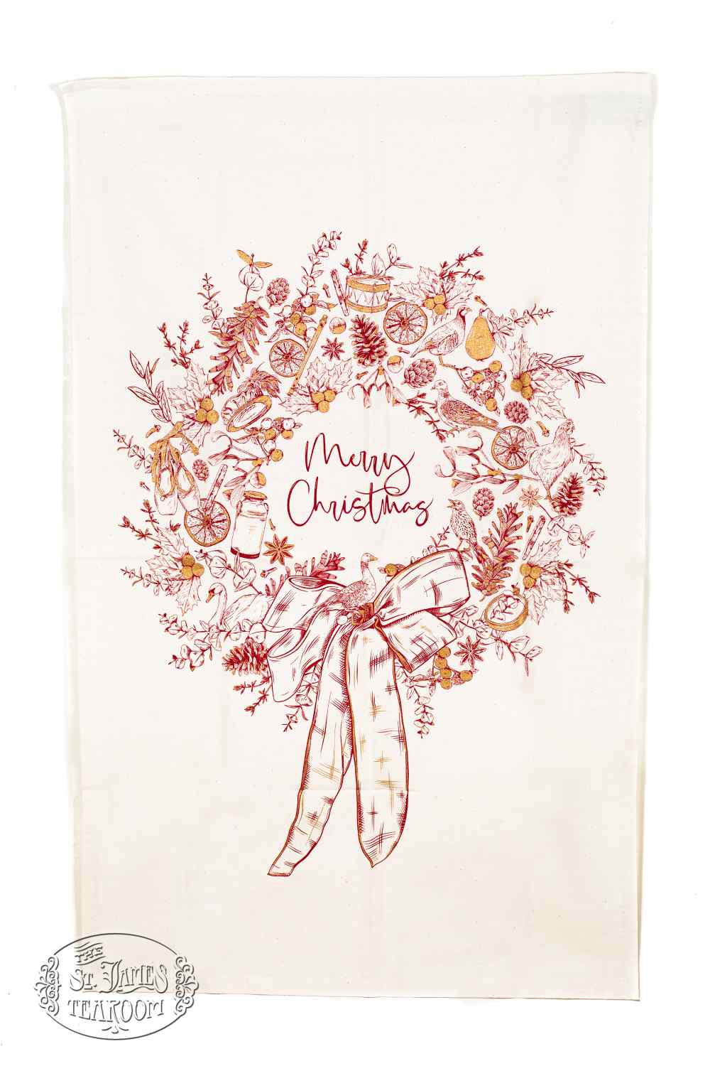 St James Tearoom Online Tea Shop - Merry Christmas Wreath Tea Towel Full Design